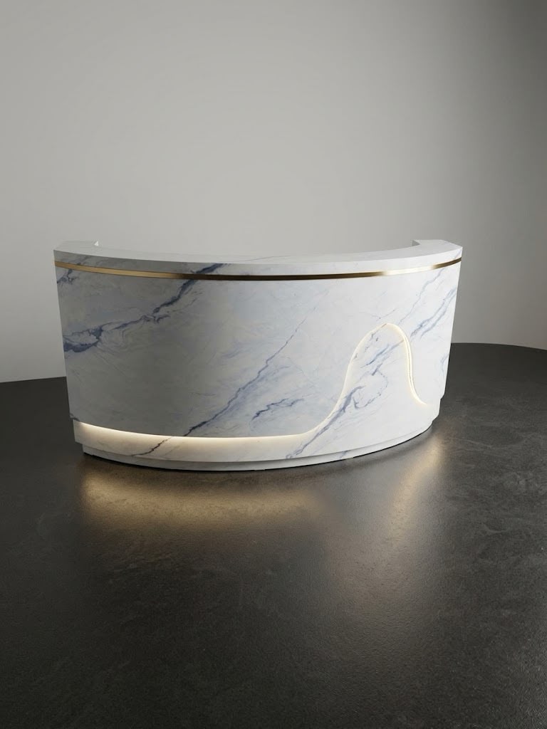 Curved White Marble & Brass LED Reception Counter