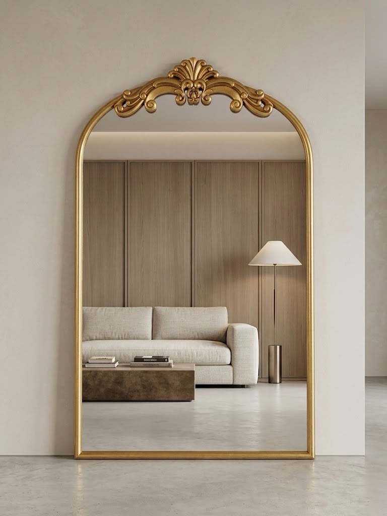 Gold Crest Arched Minimalist Floor Mirror