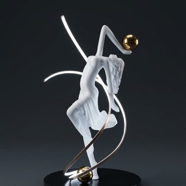 Sculptural Dancer LED Ribbon & Gold Orb Art Lamp