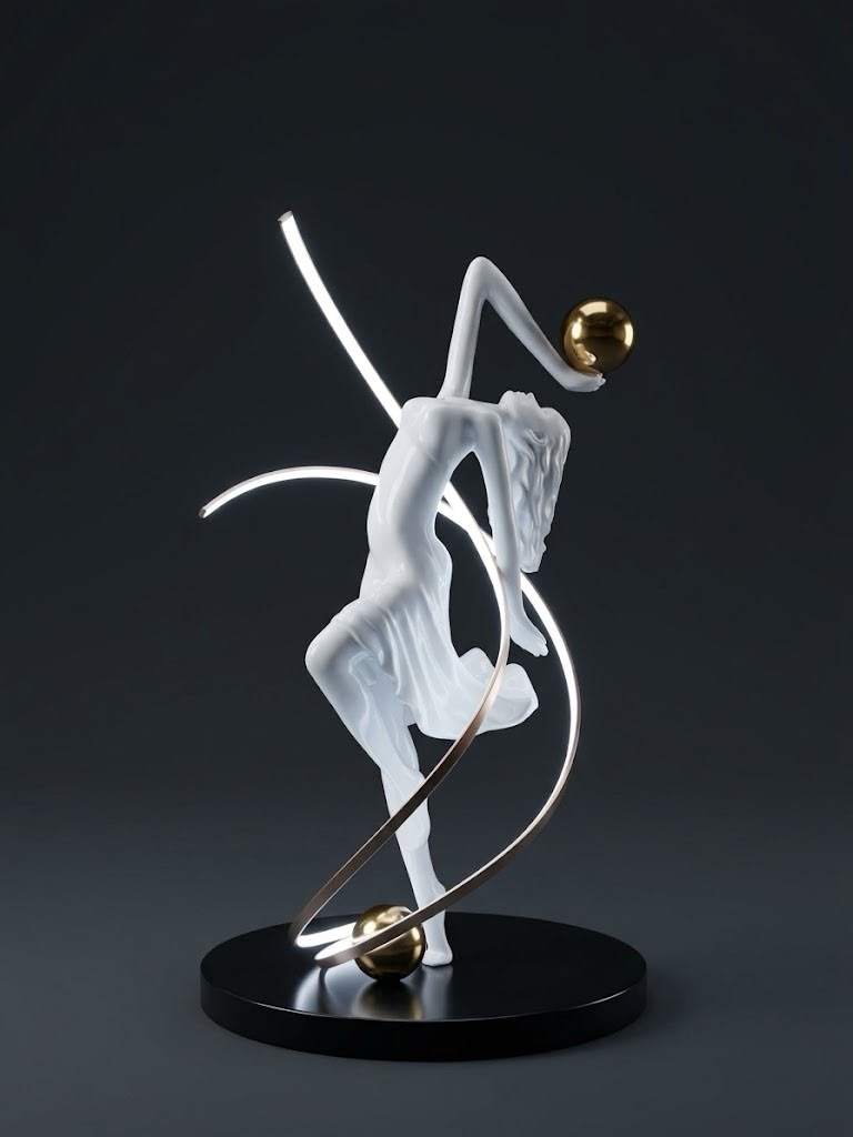 Sculptural Dancer LED Ribbon & Gold Orb Art Lamp