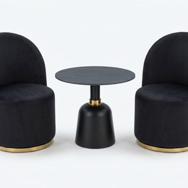 Noir Velvet Swivel-Base Lounge Chairs & Matte Black Side Table Set